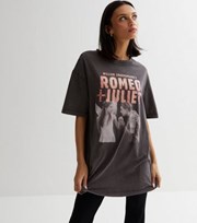 New Look Dark Grey Acid Wash Romeo and Juliet Glitter Logo Oversized T-Shirt